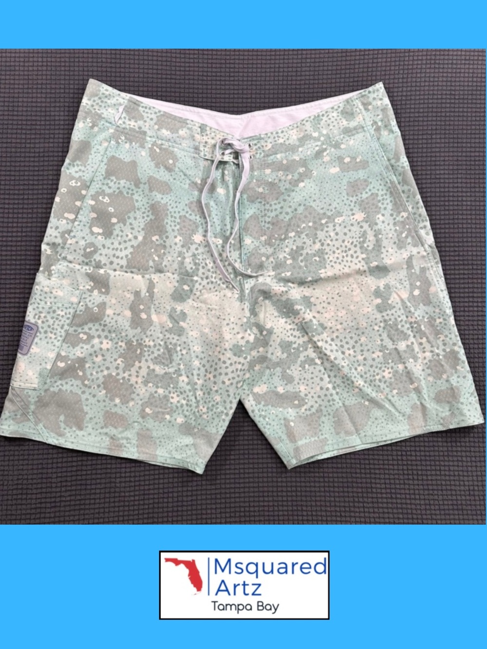 AFTCO Fishing Board Shorts Men's 38 Seafoam Camo Stretch Performance Swim Trunks
